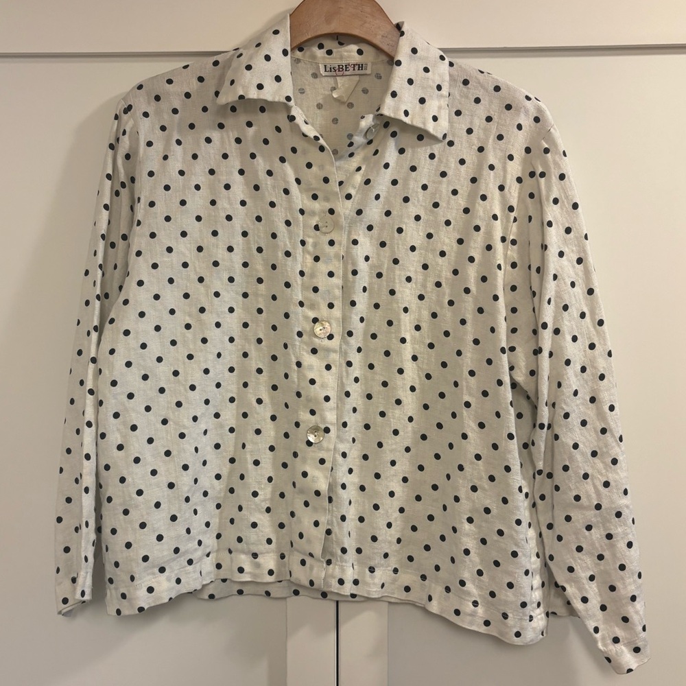 Vintage Lisbeth Women's White & Black Polka Dot Linen Button Front Blouse 6